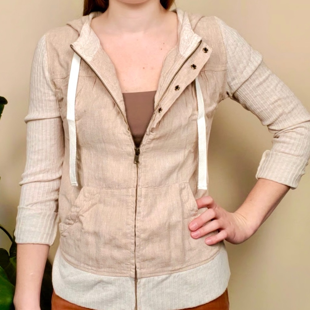 Anthropologie Saturday Sunday Tan Cream Linen Ribbed Zip Up Hoodie